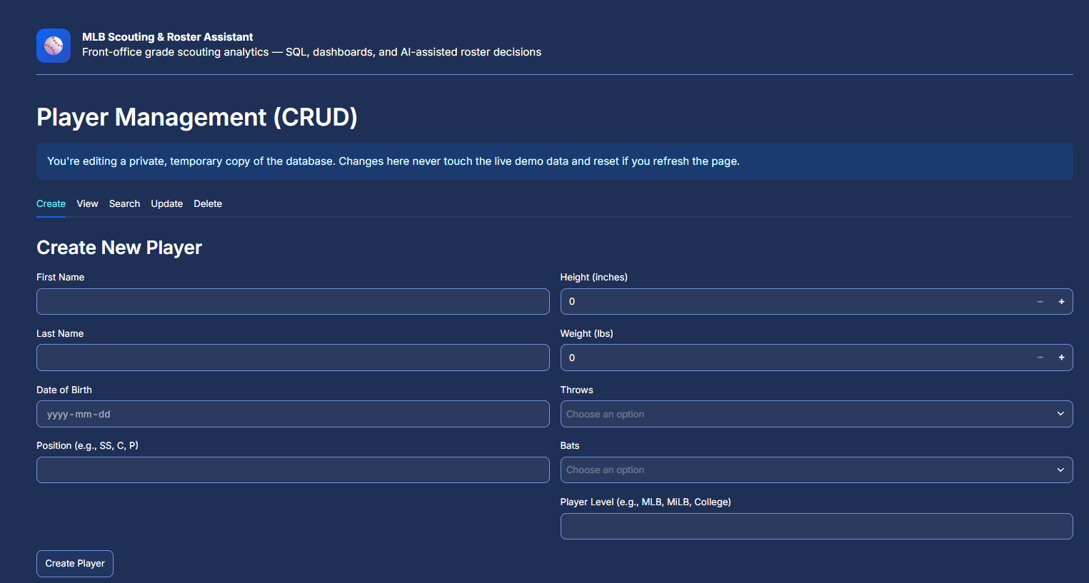 Player management (Create/Read/Update/Delete)