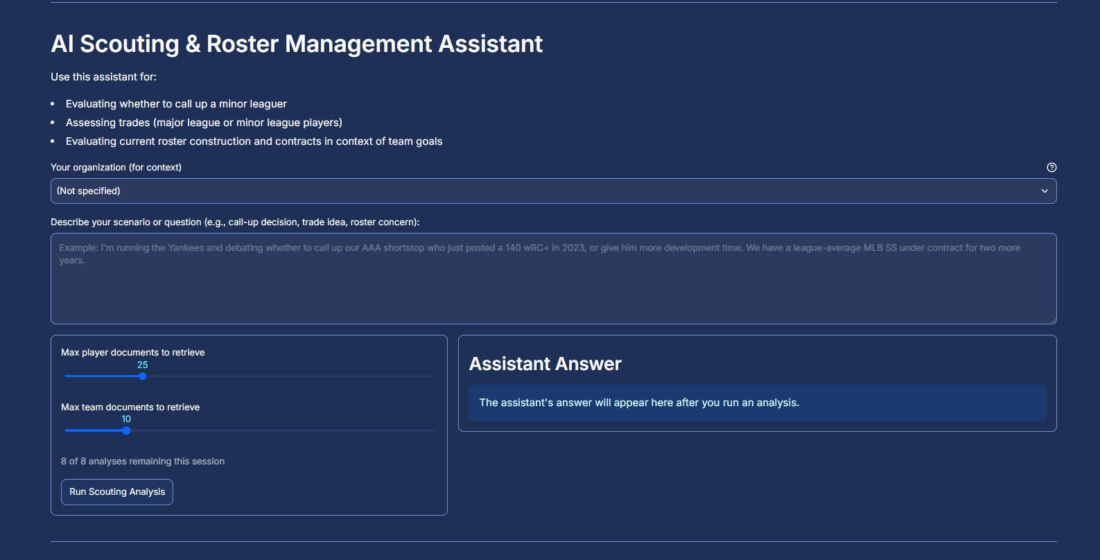 AI scouting assistant for call-up, trade, and roster questions
